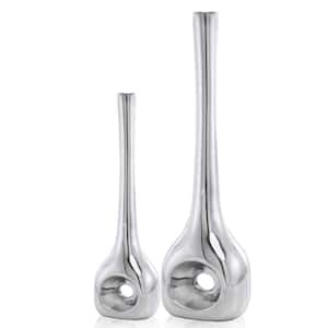 Buffed Silver Hole Vases Set of 2