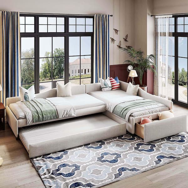 Upholstered Beige Twin Daybed with Trundle and Drawer, Convertible Sofa Bed for 3-Sleepers
