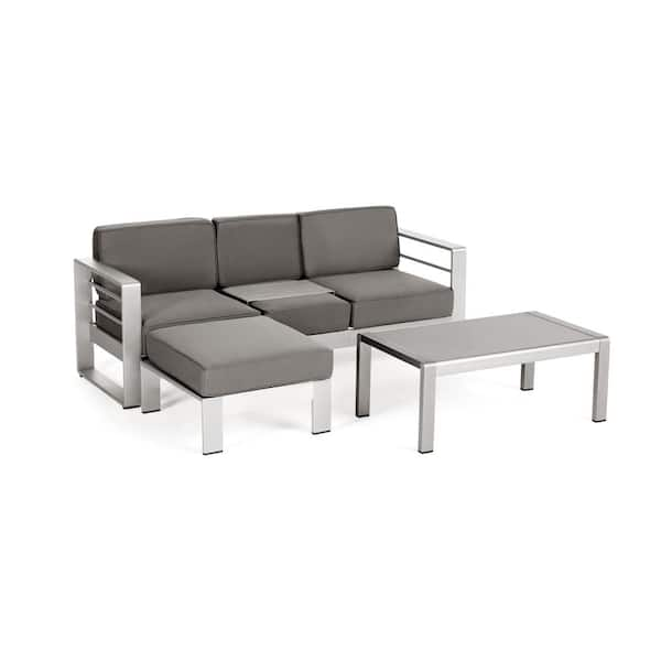 Noble House Cape Coral Silver 3-Piece Aluminum Patio Conversation Set ...