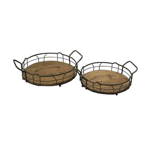 Home Decorators Collection Traineur 4 in. H Brown Wrought Iron and Fir Wood Serving Trays (2-Piece)