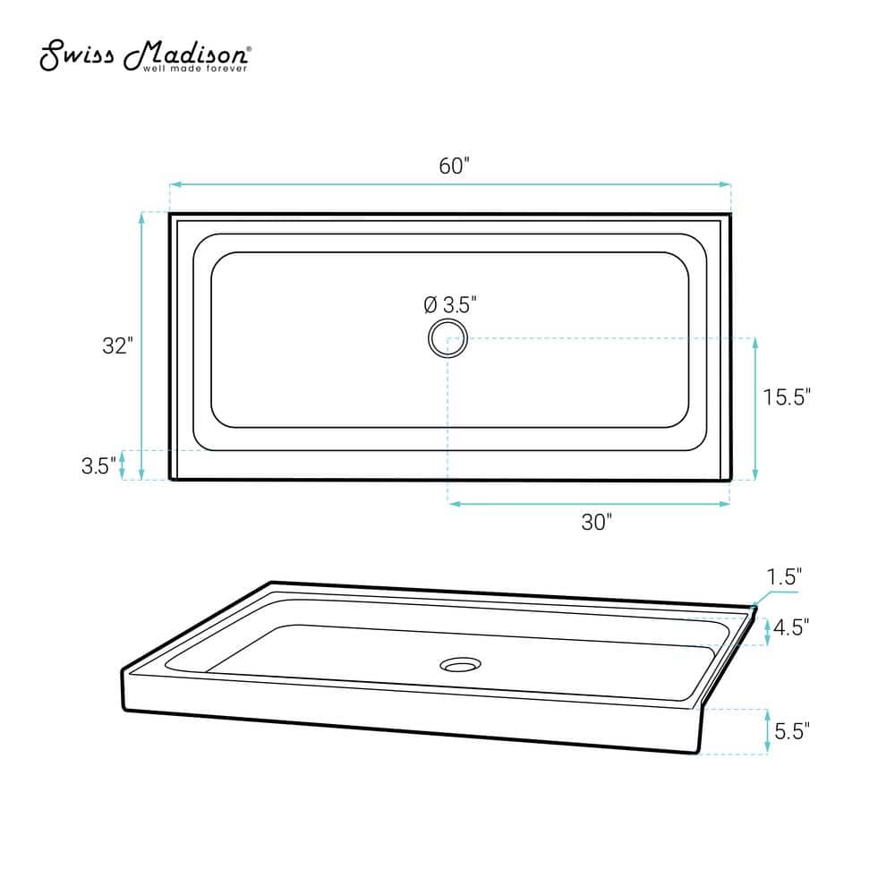 Voltaire 60" x 32" White Acrylic Shower Base with Center Drain