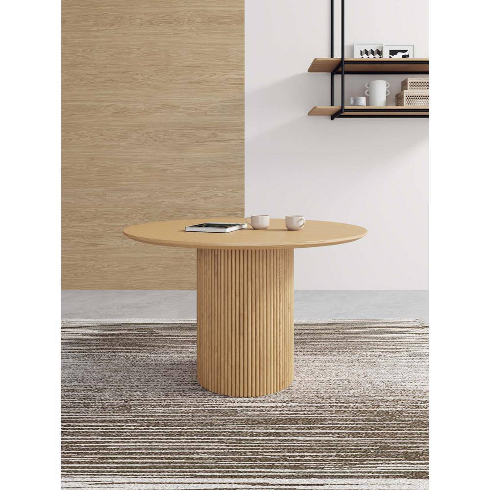Natural Wood Round Dining Table with Ribbed Pedestal Base, 47.24"