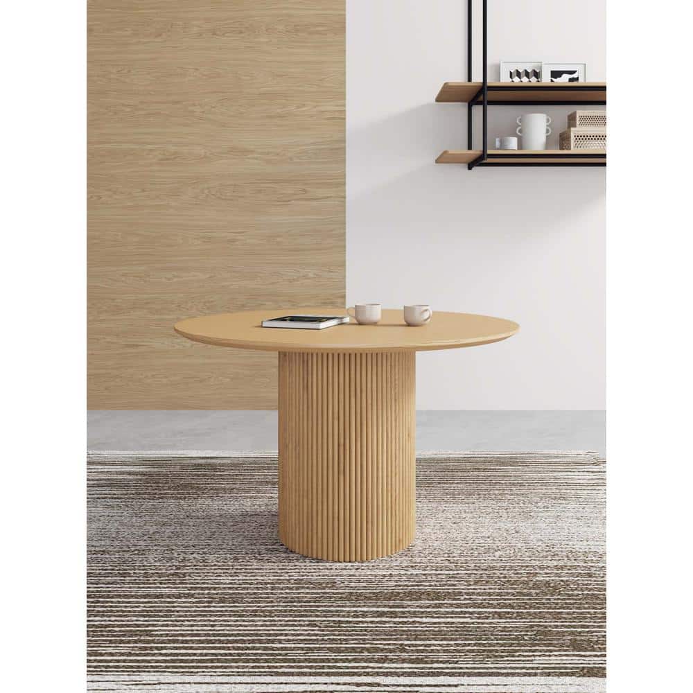 Natural Wood Round Dining Table with Ribbed Pedestal Base, 47.24"