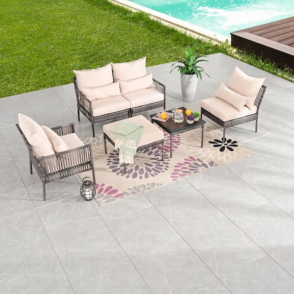 TOP HOME SPACE 6-Piece Wicker Patio Conversation Set with Beige Cushions
