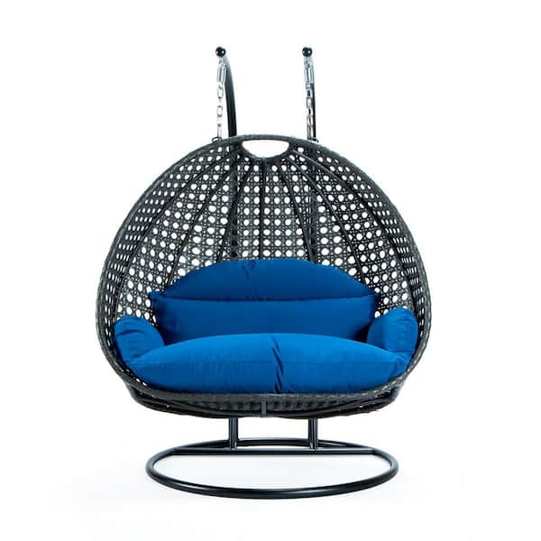 2-Person Egg Swing Chair Charcoal Wicker Outdoor Patio Hanging Chair with Blue Cushions