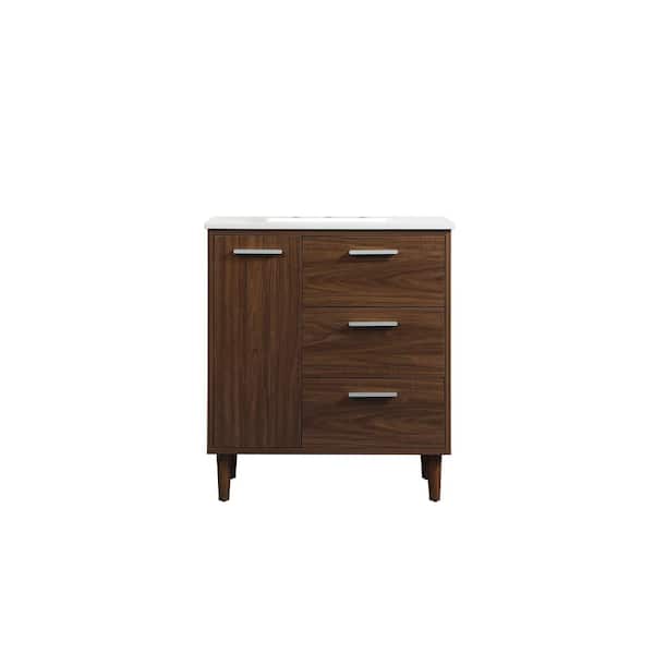 Unbranded Simply Living 30 in. W x 19 in. D x 34 in. H Bath Vanity in Walnut with Ivory White Engineered Marble Top