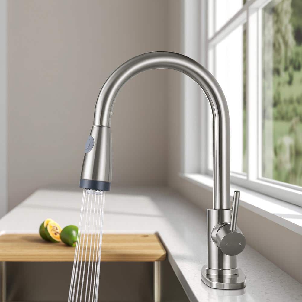 Brushed Nickel High-Arc Kitchen Faucet with LED Pull-Out Spray