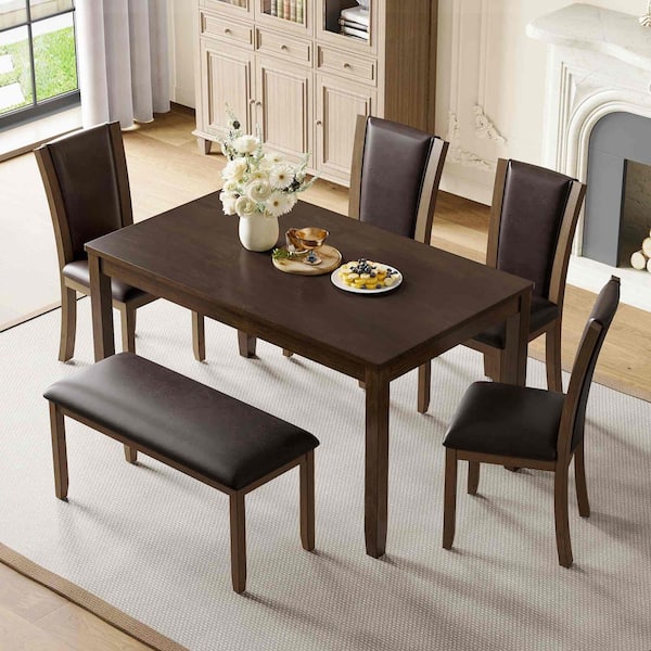 6-Piece Rectangle Dark Walnut Wood Top Dining Room Set Seats 6