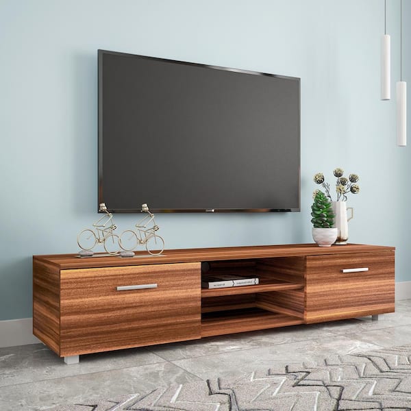 GODEER 62.99 in. Walnut TV Stand Fits TV's up to 70 in. with 2-Storage Cabinet with Open Shelves for Living Room