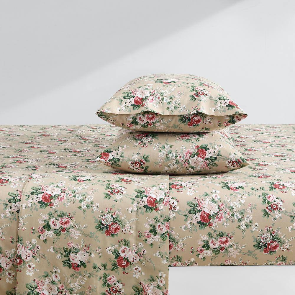 Twin Beige Floral Cotton Percale Sheet Set