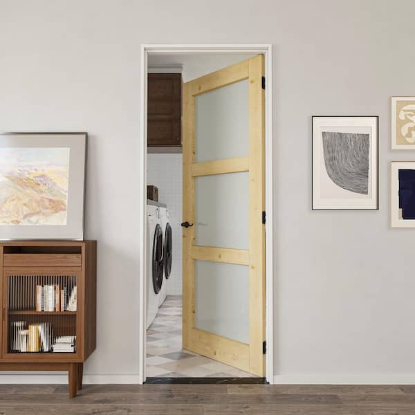 28 in. x 80 in. 3-Lite Frosted Glass Right Solid Core Pine Glass Single Prehung Interior Door with Quick Assemble Jamb