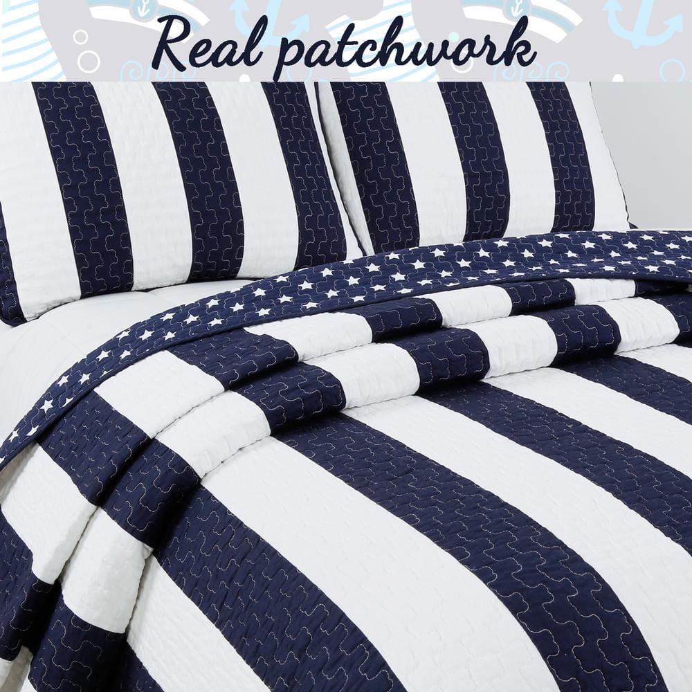 Navy Blue and White Striped Microfiber King Quilt Set