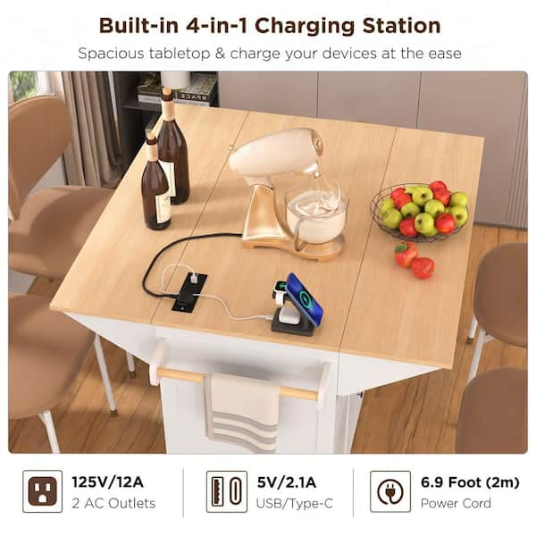 Harper & Bright Designs White Kitchen Cart with 2 Drop-Leaf, USB