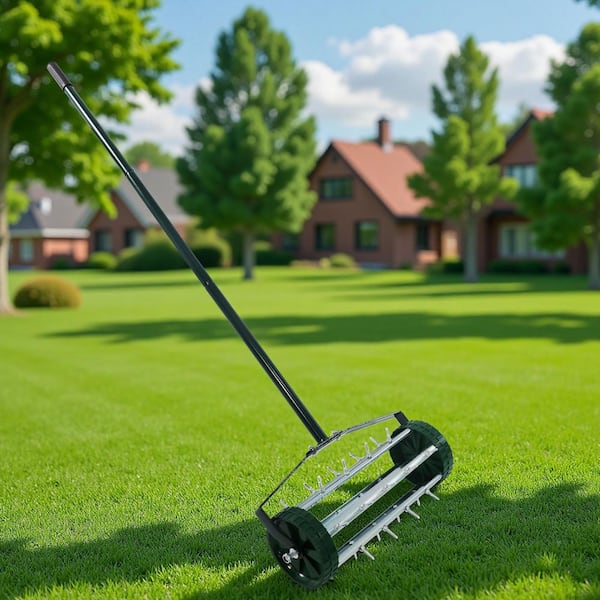 Rotary Push Tine Spike Soil Lawn Aerator Gardening Tool with Long Steel Handle for Garden Yard Grass Maintenance