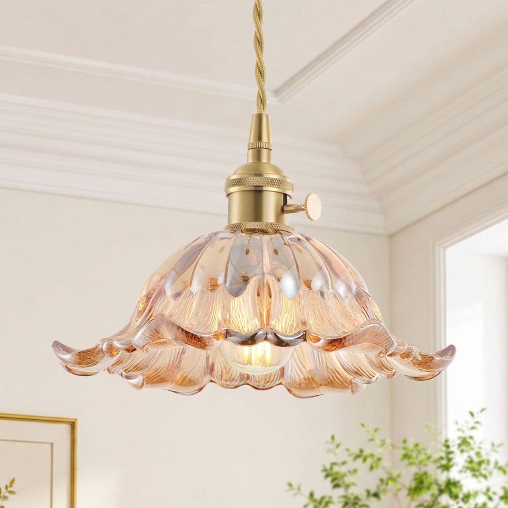 8.66 in. 40-Watts Vintage 1-Light Brass Pendant Light Kitchen Island Ceiling Hanging Lamp with Amber Glass Shade price history on PriceWatchPro