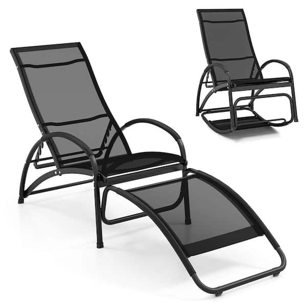 Grey Metal 1-Pieces 2 in. 1-Outdoor Rocking Chair with 4-Position Adjustable Backrest Curved Armrests