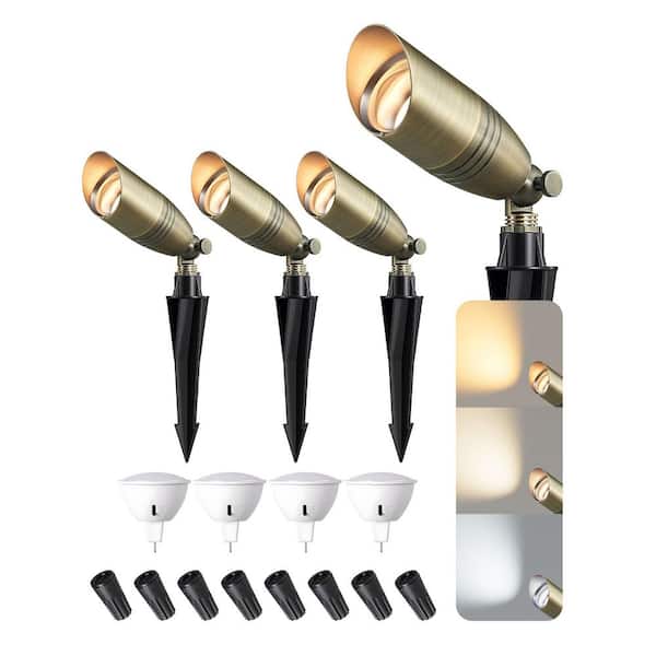 Low Voltage Solid Brass Bronze 12V LED Outdoor Waterproof Landscape Lighting Spotlight with 3CCT MR16 Bulb, 4 Pack