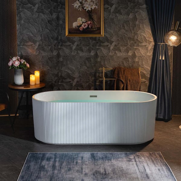 WOODBRIDGE Gee 67 in. x 31.5 in. Acrylic Flat Bottom Soaking Bathtub with Center Drain and Overflow in White with Brushed Nickel