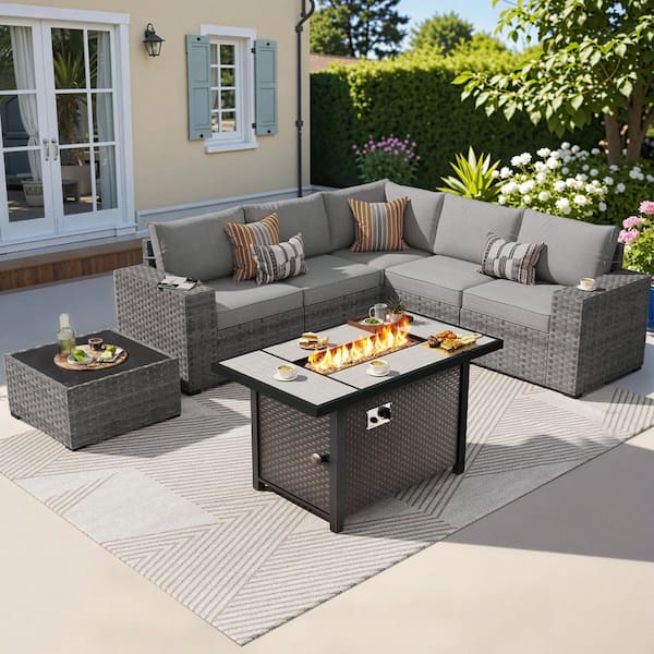 OVIOS Bissty Gray 7-Piece Wicker Wide Arm Patio Fire Pit Conversation Set with Dark Gray Cushions