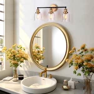 Modern Dome Bathroom Vanity Light 3-Light Black and Brass Bell Wall Sconce Light with Clear Glass Shades