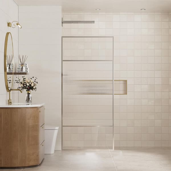 34 in. W x 74 in. H Framed Fixed Spliced Shower Screen Door in Brushed Nickel with Tempered and Laminated Glass