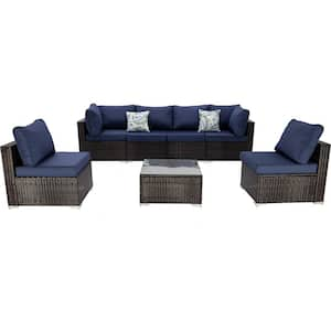 7-Piece PE Rattan Wicker Outdoor Patio Conversation Set with Dark Blue Cushions