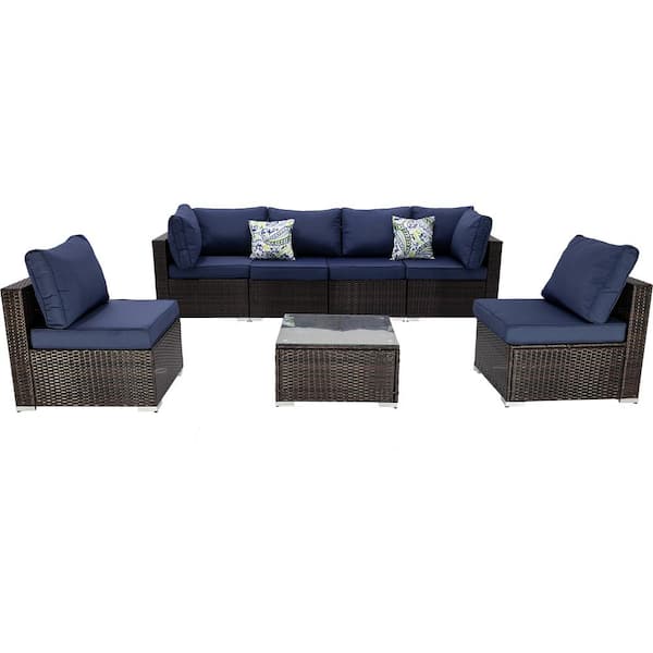 Sudzendf 7-Piece PE Rattan Wicker Outdoor Patio Conversation Set with Dark Blue Cushions