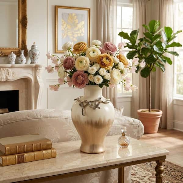 19 in. Gold/Ivory Glass Urn Decorative Vase