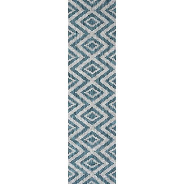 Sintra Blue/Gray 2 ft. x 8 ft. Diamond Tribal Indoor/Outdoor Area Rug