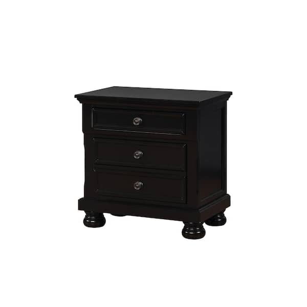 Benjara 3-Drawer Transitional Black Solid Wood Night Stand 17 in. L x 28 in. W x 28 in. H