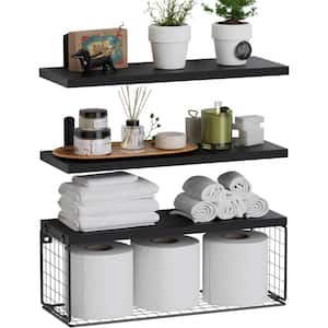 16.5 in. W x 5.50 in. H x 6 in. D Pine Wood Rectangular Floating Bathroom Wall Shelves with Wire Basket in Black