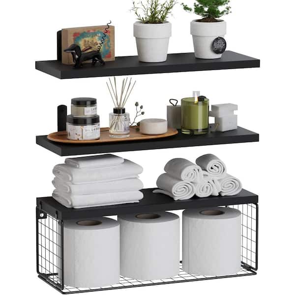 Aoibox 16.5 in. W x 5.50 in. H x 6 in. D Pine Wood Rectangular Floating Bathroom Wall Shelves with Wire Basket in Black
