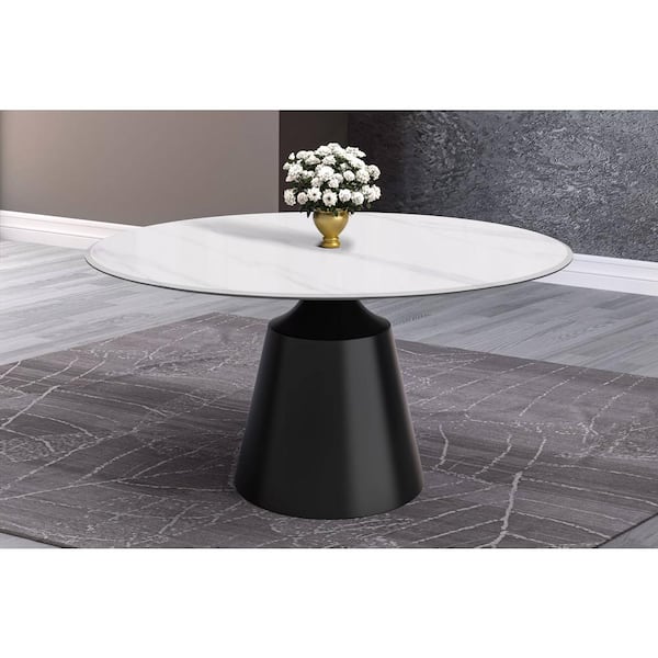 Leisuremod Prynn Mid-Century Modern 60 in. Round Dining Table with Sintered Stone Top and Black Pedestal Base (White)