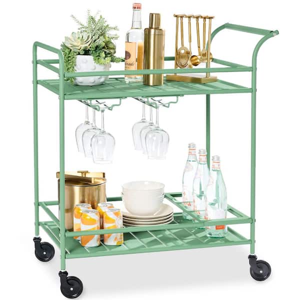 Best Choice Products 2-Tier Sage Outdoor/Indoor Metal Bar Serving Cart with Storage Shelves and Lockable Wheels