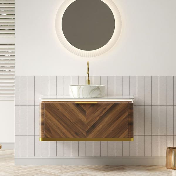 Loiry 36 in. Single Sink Floating Dark Walnut Bath Vanity with Calacatta Gold Sintered Stone Top Unassembled