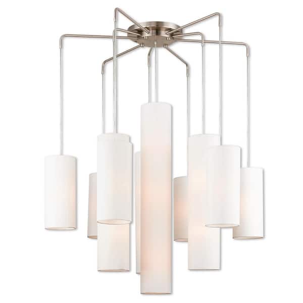Crossbrooke 15 Light Brushed Nickel Extra Large Foyer Chandelier with Off-White Fabric Shades
