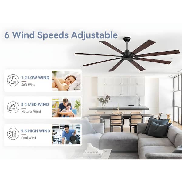 80 in. Black Modern Large Quiet Powerful 6-Speed Downrod Mount Standard Ceiling Fan No Lights with Remote Control