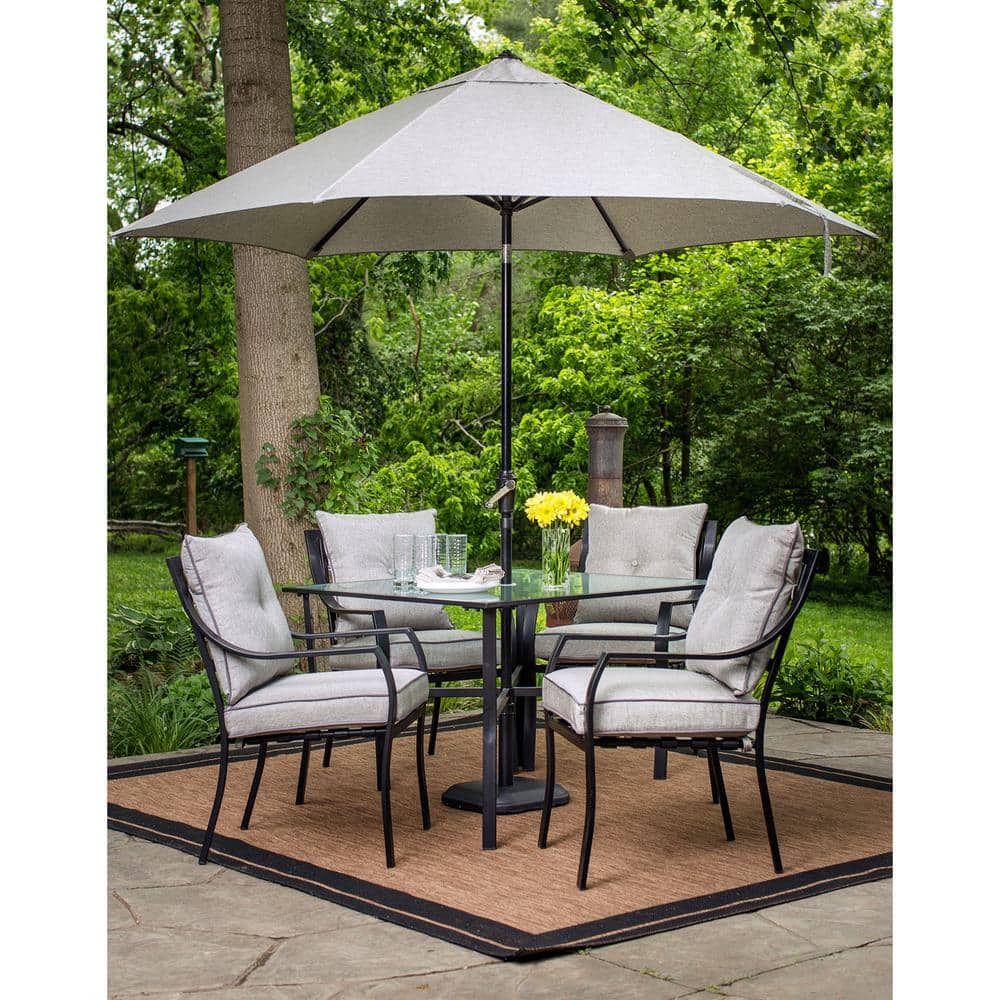 Hanover Lavallette Black Steel 5-Piece Outdoor Dining Set with Umbrella, Base and Silver Linings Cushions -  LAVDN5PC-SLV-SU
