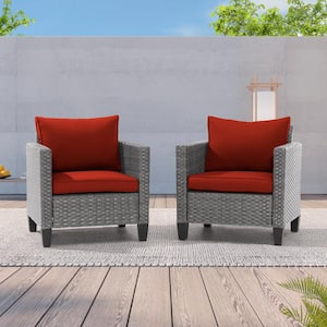 2-Pack Gray Wicker Patio Outdoor Single Sofa with Rust Red Cushion