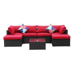 7-Piece Rattan Patio Conversation Set with Red Cushions
