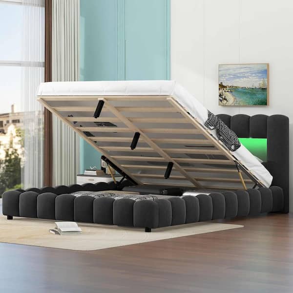 Gray Wood Frame Queen Size Platform Bed with LED Headboard