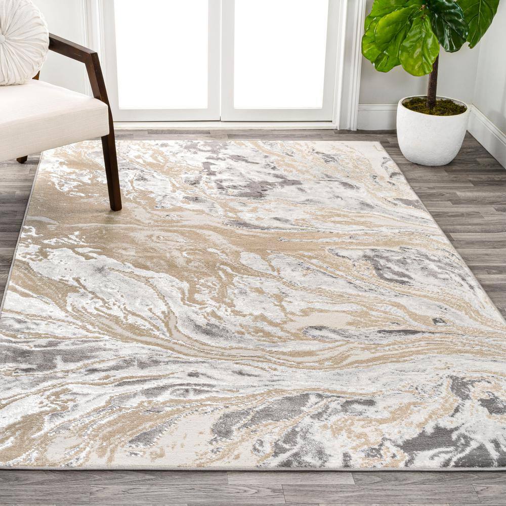 Beige and Ivory Marbled Abstract 4x6 Area Rug