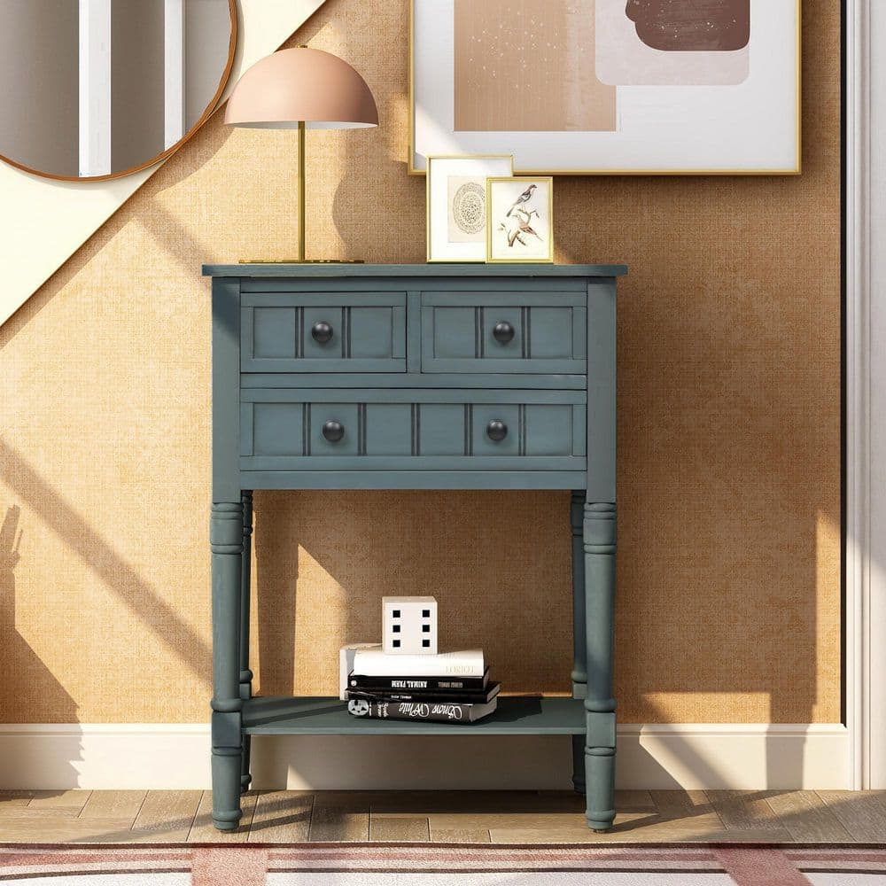 23.7 in. Navy Blue Rectangle Wood Console Table with 3-Drawers