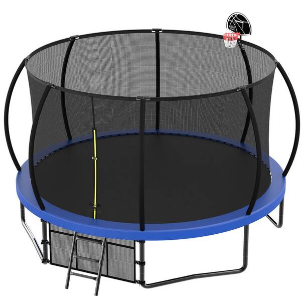 Boosicavelly 14 ft. Blue Galvanized Anti-Rust Outdoor Round Coating Trampoline with Basketball Hoop with Ladder and Shoe Bag