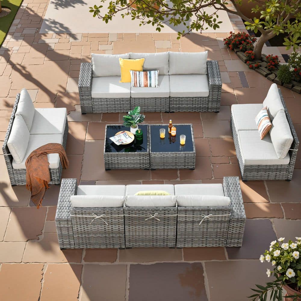 Baldwin Gray 12-Piece Wicker Wide Arm Outdoor Patio Conversation Sofa Sectional Seating Set with Beige Cushions price history on PriceWatchPro