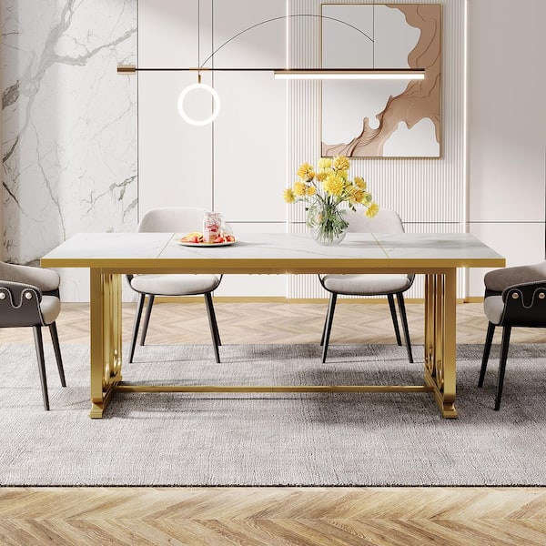 BYBLIGHT Modern White Wood 35.43 in. Pedestal Dining Table Seats 6 with Faux Marble Tabletop