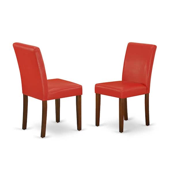 East West Furniture Mahogany, Parsons Dining Chairs - Firebrick Red Faux Leather Padded Chairs, Set Of 2