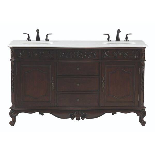 Home Decorators Collection Winslow 60 in. W Double Bath Vanity in Antique Cherry with Marble Vanity Top in White