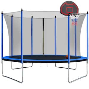 10 ft. Trampoline with Basketball Hoop Inflator and Ladder Inner Safety Enclosure Blue