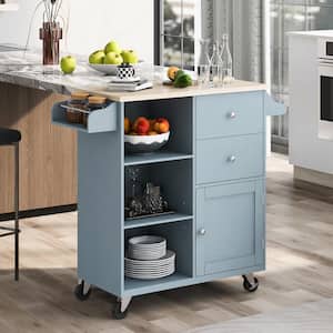 Blue Rubber Wood Top 41.3 in. W Kitchen Island on 4-Wheels with 2 Drawers and Open Shelves